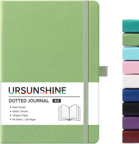Miniatura 8 de Cuaderno punteado, diario, 5.3 x 8.26 pulgadas, tapa dura, prémium, papel grueso, doble espiral, bandas, cuero negro sintético, lazo para bolígrafo