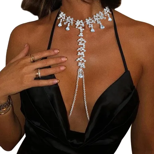 Sujetador de diamantes de imitación, cadena de pezón, cadena de cristal en el pecho, lencería sexy, joyería de pezón, joyería de cuerpo rave para
