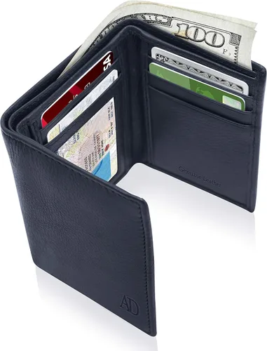 Miniatura 26 de Billetera de triple pliegue con RFID, cuero genuino, delgado, con ventana de identificación, bolsillo frontal, regalo para hombre