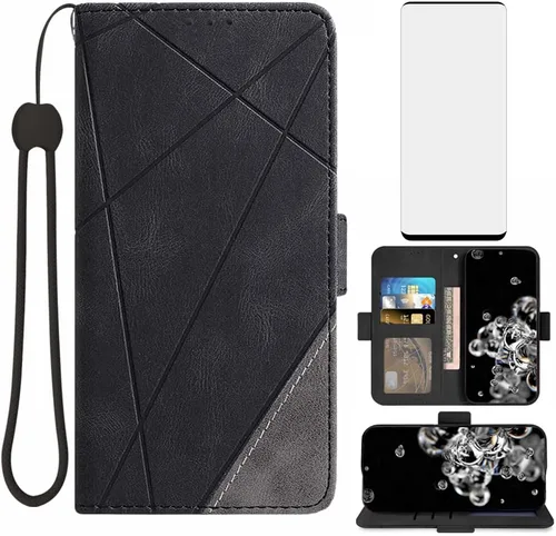 Asuwish Compatible con Samsung Galaxy S20 Ultra Glaxay S20ultra 5G - Funda tipo cartera y protector de pantalla de vidrio templado con tapa para