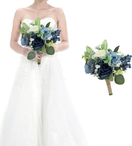 Miniatura 24 de Juego de 4 ramos para dama de honor para boda - Ramos de flores artificiales de 7 pulgadas para decoración de centros de mesa de ceremonia y Azul