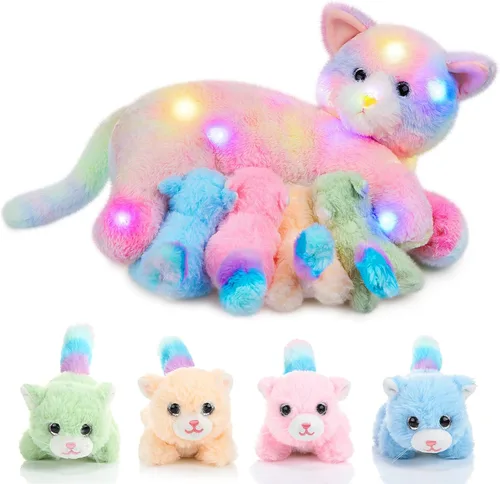 Miniatura 10 de Skylety Animal de peluche Nurturing con 4 gatitos de peluche, gatos de peluche para niñas y niños, mamá gatita de peluche con gatitos para regalos