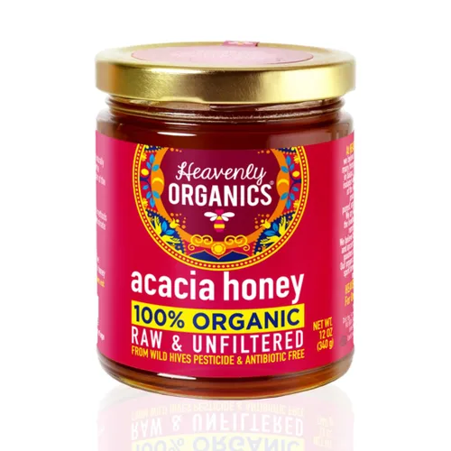 Heavenly Organics Miel de acacia cruda 100% orgánica (12 onzas) ligeramente filtrada, hecha de colmenas silvestres y abejas de corral; sin lácteos,