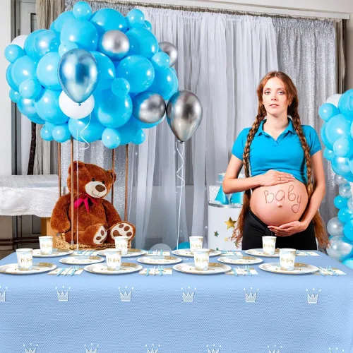 Miniatura 4 de AIBIIN 112 piezas Decoraciones para fiesta de baby shower para niño en acuarela azul pastel Suministros para fiesta de baby shower para niño Vajilla