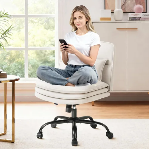 Furmax Silla de Oficina con Patas Cruzadas con Ruedas, Asiento Extra Ancho Sin Brazos Silla de Escritorio Giratoria, Altura Ajustable Silla de
