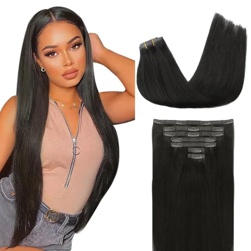 Miniatura 85 de Lashey - Extensiones de cabello con clip sin costuras, de cabello humano real, 7 unidades, 110 g, 14 pulgadas, color negro natural, lacio