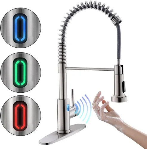 Grifo de cocina sin contacto con rociador extraíble, luz LED, grifo de fregadero de cocina de una sola manija, sensor de movimiento, manos libres, A