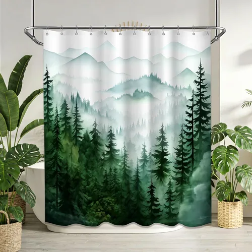 Miniatura 48 de Cortina de ducha azul marino de bosque Cortina de ducha azul oscuro de montaña y naturaleza para decoración de baño de hombres, tela impermeable