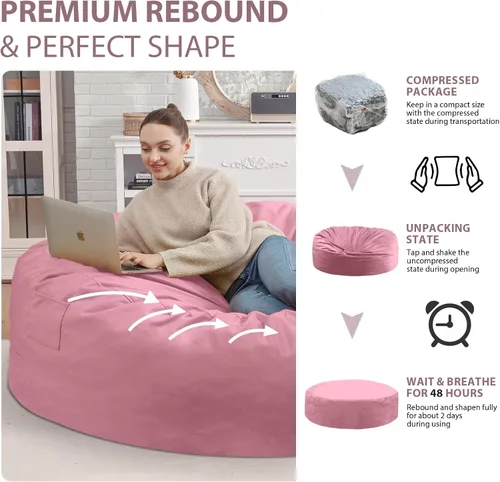 Miniatura 256 de Puf de 5 pies, puf grande con relleno de espuma viscoelástica, sofá puff esponjoso con funda de terciopelo holandés, puf redondo para sala de estar