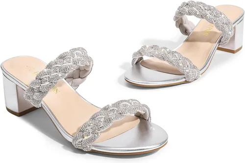 Miniatura 3 de DREAM PAIRS Zapatos de tacón bajo con dos correas trenzadas para mujer, puntera abierta, tacón grueso, sandalias de tacón grueso, para fiestas