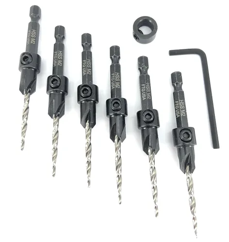Miniatura 4 de FTG USA Juego de brocas avellanadoras para madera con broca cónica, 6 piezas, #6 (9/64")