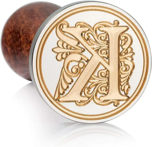 Miniatura 37 de Sello de cera Mceal, sello grande de 1 1/5"(30mm) de diámetro, cabeza de latón plateado con mango de madera, serie de letras de la A a la Z