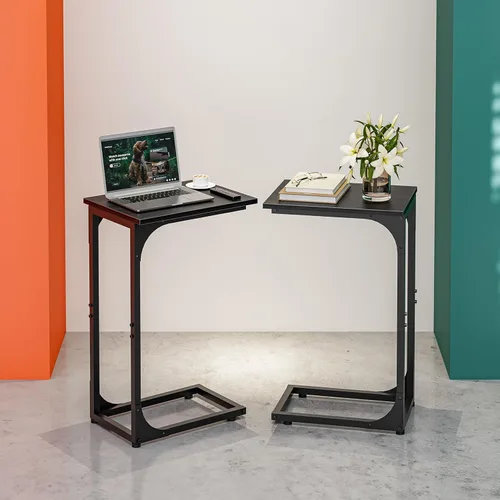 Miniatura 15 de Mesa auxiliar en forma de C para sofá, soporte de café pequeño, bandeja de sofá con marco de metal, parte superior de madera impermeable resistente