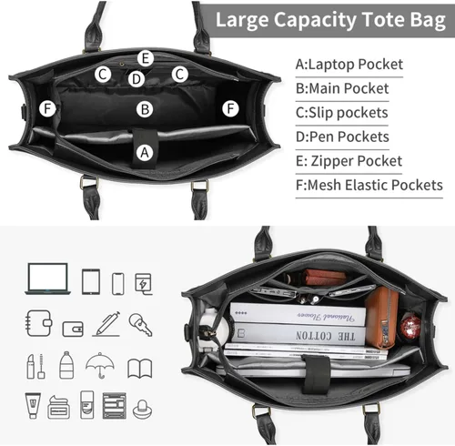 Miniatura 6 de Bolso para laptop de 15.6 pulgadas para mujer; bolsa tote de cuero impermeable para negocios, maletín ligero de oficina, gran capacidad, bolso