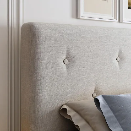 Miniatura 4 de Marco de cama de lino de tamaño matrimonial, marco de cama tapizado con cabecera ajustable, soporte de listones de madera, no necesita somier, fácil