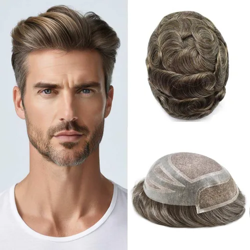 Miniatura 24 de Sistema de repuesto de piezas de cabello humano tipo tupé para hombre, transpirable, encaje francés, peluca para hombre, peluca de piel de #1B Negro