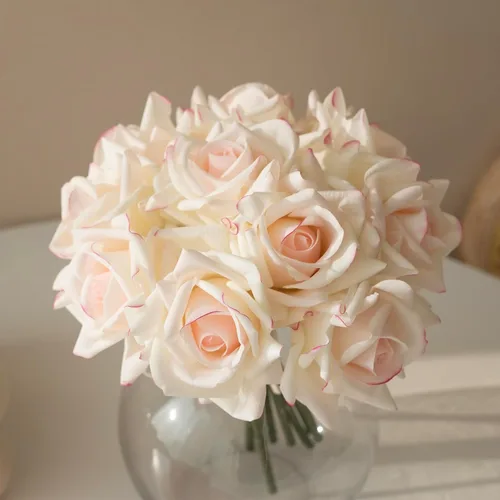 Miniatura 10 de DUYONE Rosas artificiales de un solo tallo 10 piezas de arreglo floral de seda falsa para decoración del hogar, fiesta, boda (rosa claro)