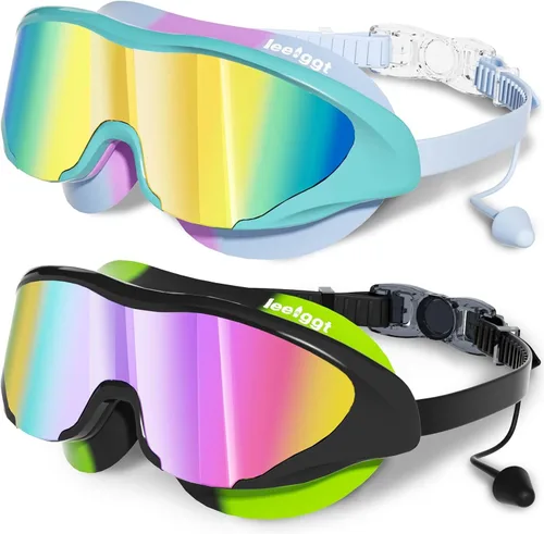 Miniatura 12 de Gafas de natación anti niebla UV para niños de 6 a 14 años, paquete de 2 gafas de natación para niños con tapones para los oídos adjuntos Dorado-azul