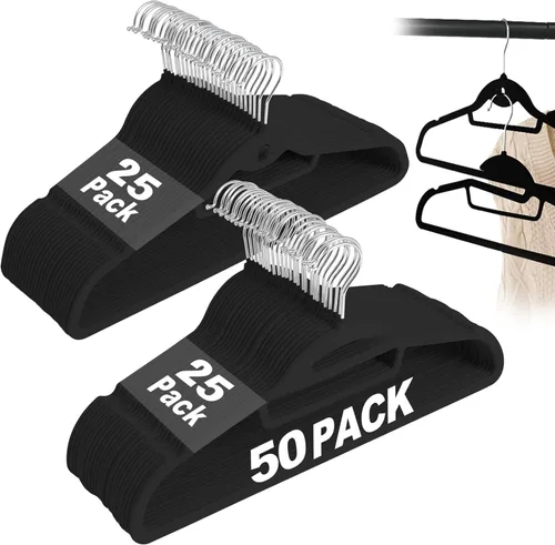 Perchas de Terciopelo Negro Paquete de 50, en Forma de S y Apilables de Fieltro Antideslizantes con Gancho Giratorio de 360°, Perchas Flocadas Ultra