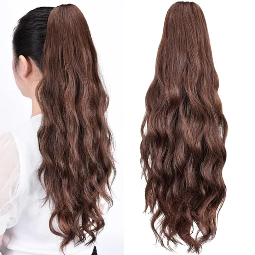 Miniatura 42 de Extensiones de cola de caballo, extensiones de cabello rizado con clip de garra de color marrón oscuro para mujer, peluca sintética de cola