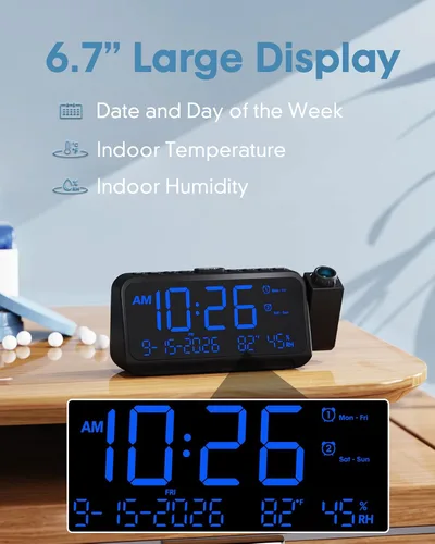Miniatura 3 de Roxicosly - Despertador de proyección para techo de dormitorio, 118 dB súper fuerte para personas que duermen mucho, pantalla digital grande de 6.7