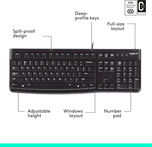 Miniatura 8 de K120 teclado ergonómico de escritorio con cable USB negro, Negro