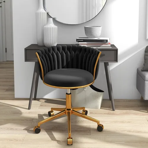 Miniatura 10 de Silla de escritorio de terciopelo, moderna silla de oficina con ruedas, sillón giratorio de tocador para el hogar con respaldo tejido, asiento