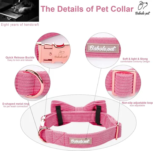 Miniatura 2 de Collar de pana para perro con lazo, collares para perros hembras suaves y ajustables para perros pequeños, medianos y grandes, talla M Rosa encendido