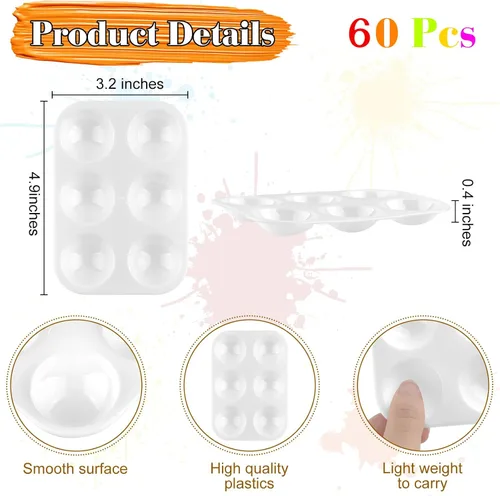 Miniatura 2 de Paquete de 60 bandejas de pintura de arte blanco de 6 pozos rectangulares para acuarela, bandeja de pintura para estudiantes y adultos, pintura