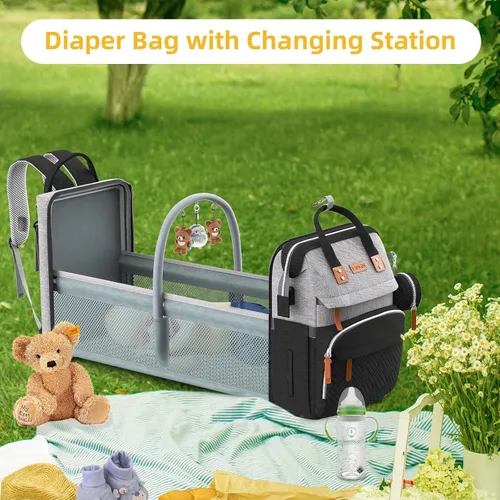 Miniatura 4 de ISMGN Mochila para pañales con estación de cambio, bolsa de pañales multifuncional, capacidad extra grande, bolsa de bebé, gris negro Negro puro