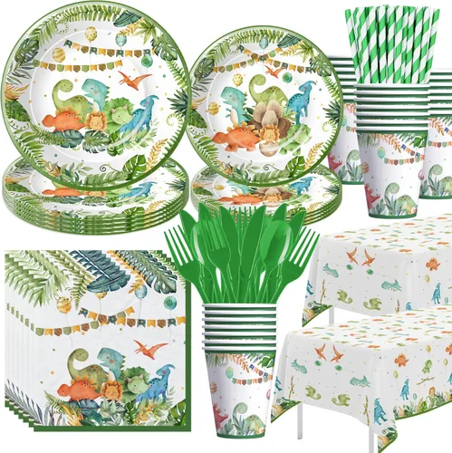 APOWBLS Suministros para fiesta de cumpleaños de dinosaurios: decoración de dinosaurio para baby shower, plato, taza, servilleta, mantel, cubiertos,