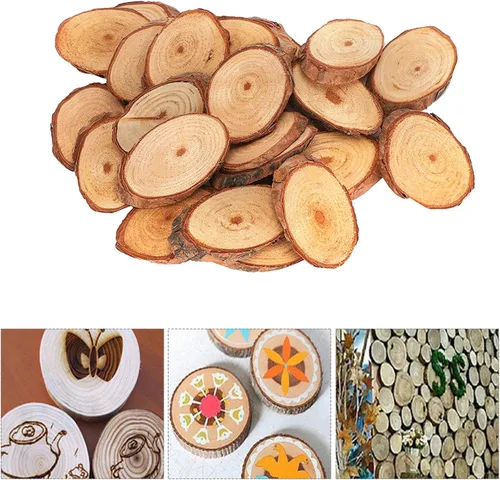 Miniatura 4 de Paquete de 25 láminas de madera ovaladas sin terminar, placas de madera de pino con corteza para manualidades, pintura de bricolaje, letrero