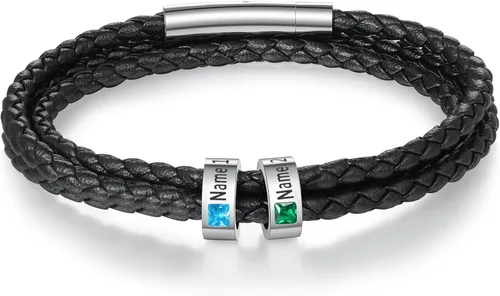 Pulsera personalizada para el Día del Padre para hombre, pulseras personalizadas de cuero trenzado negro con cuentas grabadas de 1 a 8 nombres,