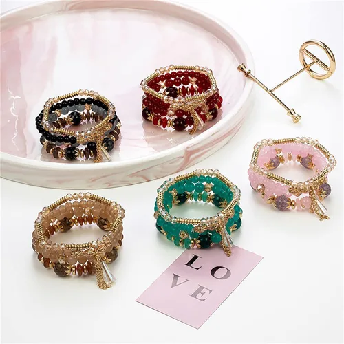 Miniatura 6 de Pulseras apilables de cuentas para mujer hombre juego de pulseras elásticas multicapa multicolor para reloj de joyería negro talla única