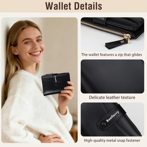 Miniatura 3 de Cartera pequeña para mujer, billetera de cuero plegable con bloqueo RFID, bolsillo con cremallera, ventana de identificación para mujeres y niñas