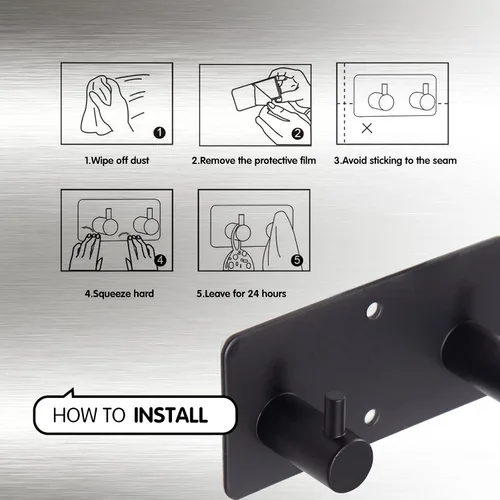 Miniatura 4 de Ganchos adhesivos negros para toallas para baño, montaje en pared, sin taladro, para ducha, resistente, gancho de pared, toallero autoadhesivo