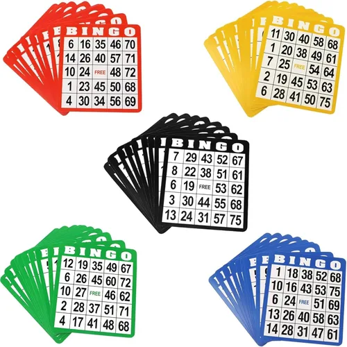 GSE Games & Sports Expert Paquete de 100 tarjetas de juego de bingo multicolor con números de fácil lectura, hojas de bingo de papel reutilizables
