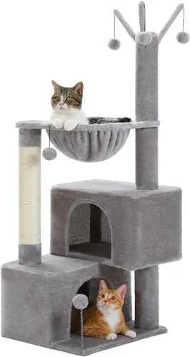 Miniatura 18 de Árbol para gatos de 45 pulgadas para gatos de interior, torre compacta para gatos con 2 condominios, cama hamaca y 5 juguetes de bola colgantes