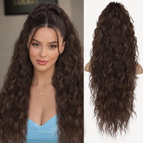 Miniatura 34 de ORSUNCER Extensión de cola de caballo de 18" con pinza rizada, cola de caballo esponjosa, extensiones de pelo sintético de aspecto natural para mujer