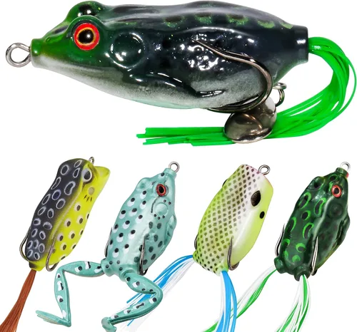 Miniatura 7 de RUNCL Topwater - Señuelos de rana – 5 piezas de cebos de silicona duraderos y realistas para agua dulce y salada, señuelos flotantes realistas