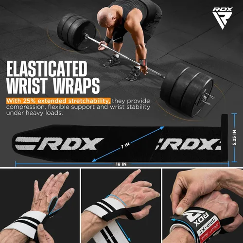 Miniatura 6 de RDX Muñequeras para levantamiento de pesas (par), aprobadas por IPL y USPA, correas elásticas de algodón de 18" con soporte y bucle para el pulgar