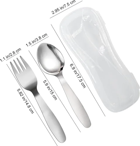 Miniatura 6 de VANRA Juego de 2 cucharas de tenedor para niños con estuche de viaje para lonchera, acero inoxidable 18/8 para niños, cubiertos para niños, juego