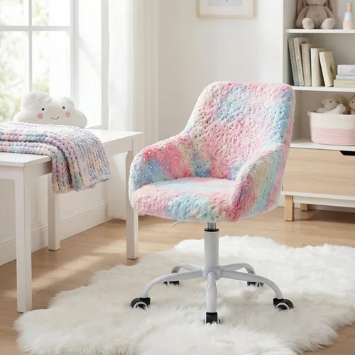 Miniatura 8 de LukeAlon Silla de escritorio ajustable para niños, silla de estudio peluda con base giratoria, bonita silla de lectura tapizada de piel sintética