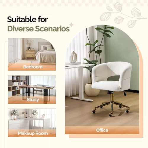 Miniatura 9 de VINGLI Silla Moderna Curvada de Oficina y Tocador, Bonita Silla Tapizada con Tachuelas con Ruedas y Giro de 360° y Inclinación y Base Dorada