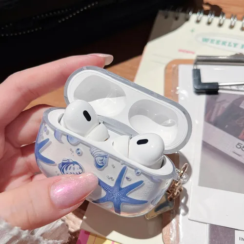 Miniatura 6 de MINSCOSE Compatible con AirPods Pro de 2ª/1ª generación, bonito diseño de patrón de conchas y estrellas de mar con llavero, funda protectora de TPU
