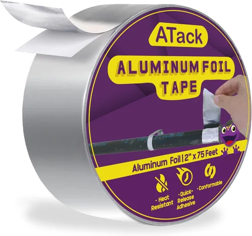 ATack Cinta adhesiva reflectante de papel de aluminio, 2 pulgadas x 75 pies, 3.6 mil, cinta HVAC de aluminio de alta temperatura y resistente para