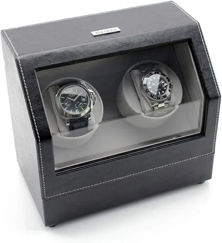 Miniatura 2 de Bobinadora de reloj doble con pilas en cuero negro, Negro -, Contemporáneo