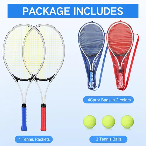 Miniatura 2 de 4 raquetas de tenis para adultos recreativas para 4 jugadores, raqueta de tenis ligera de 27 pulgadas con 3 pelotas de tenis para entrenar rojo