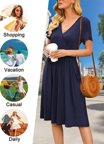 Miniatura 6 de Vestido de verano floral para mujer, cuello en V, bohemio, con volantes, manga con volantes, vestido de lunares suizos, con cinturón, acampanado
