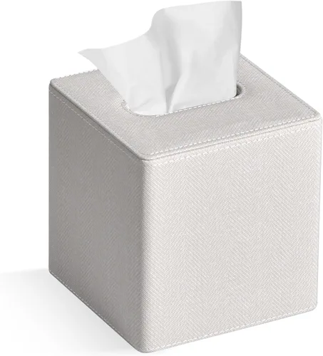 Miniatura 10 de Funda para caja de pañuelos cuadrada de piel sintética para caja de pañuelos facial para decoración de cómoda y baño (Beige)
